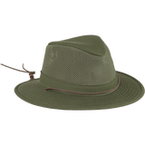 Angled view of The Mesh Hiker - a lightweight fedora style hat with a wide brim, a mesh crown and a leather tie.