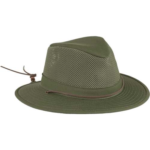 Angled view of The Mesh Hiker - a lightweight fedora style hat with a wide brim, a mesh crown and a leather tie.