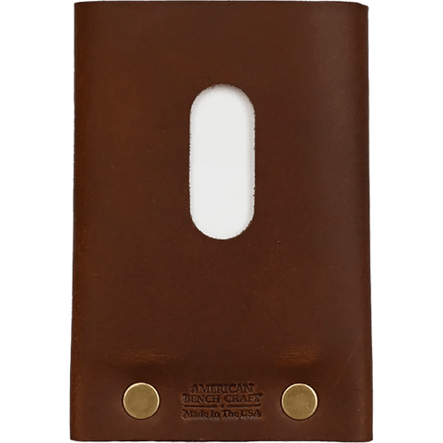 Back of American Bench Craft leather Frontier compact card and cash wallet with brass rivets