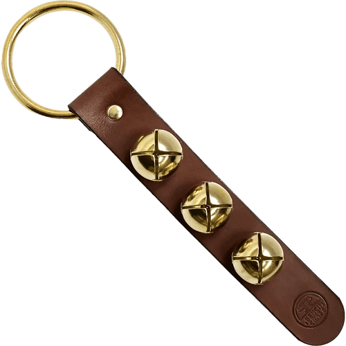 American Bench Craft leather sleight bell door hanger with brass rivet, door knob hoop, and three bells