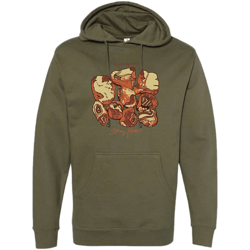 Front view of the Unisex Terry Hoodie - a lightweight hoodie in olive with a orange and tan screen print of Lake Superior agates on the front.