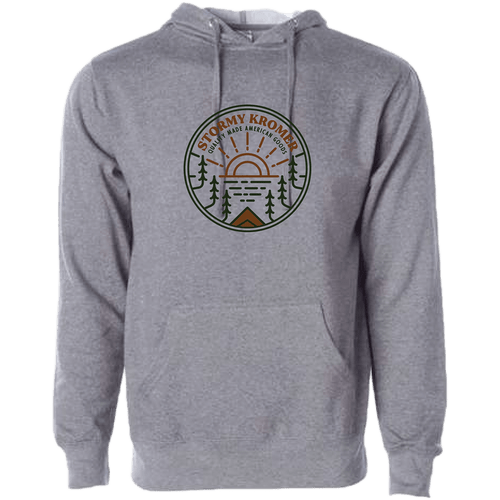 Front view of the Summer Terry Hoodie - a lightweight hoodie in heather gray with a green and orange screen print of a sunrise over a lake.