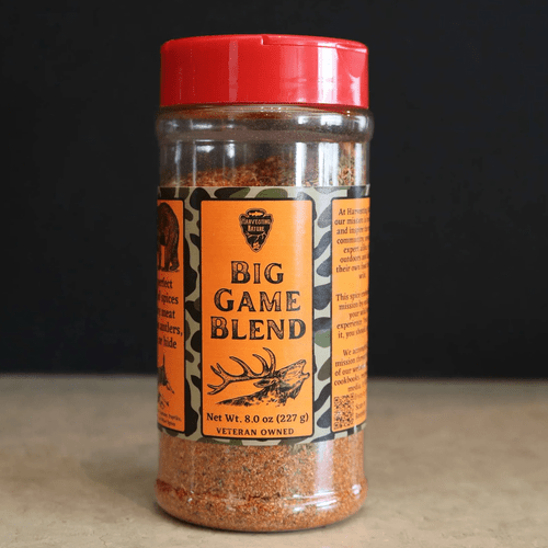 Harvesting Nature Big Game Spice Blend in a bottle sitting on a table