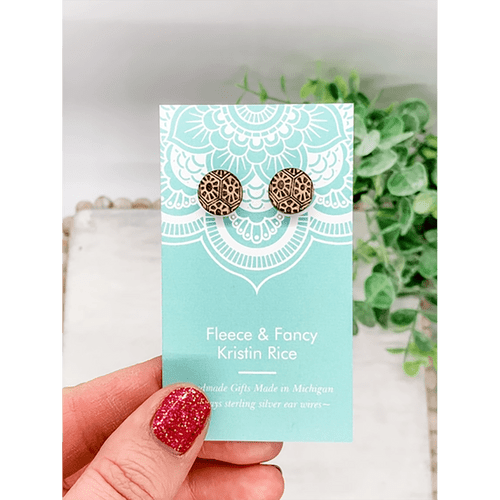 Pair of round wood earring that look like Petoskey stones