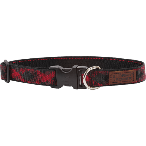 Image of Stormy Kromer pet collar in red/black plaid webbing with leather patch