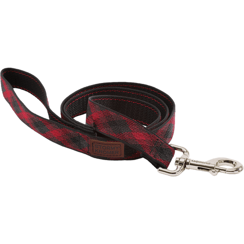 Image of the SK pet leash, red/black plaid webbing with silver metal clip