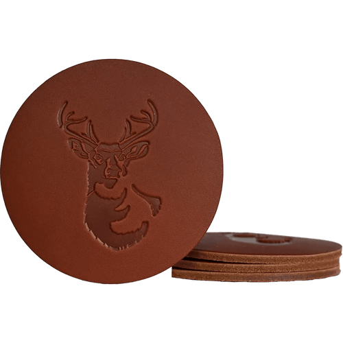 Set of four leather coasters with a white tail buck embossed onto the top