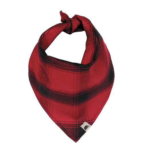 Red and Black plaid bandana tied with a knot