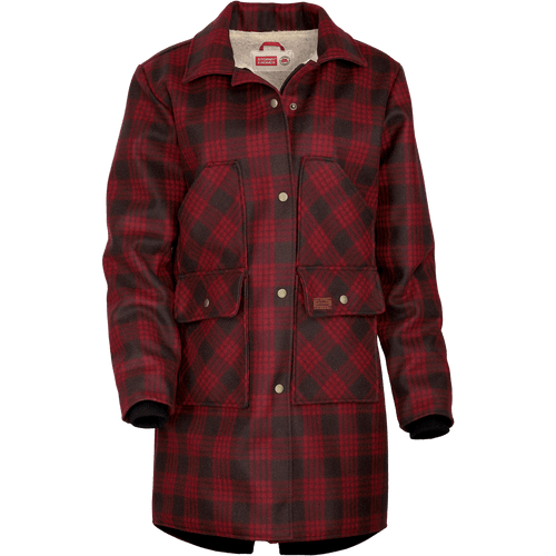 Classic coat with zipper and snap closure storm flap with berber lining and knit cuffs in black/red tartan plaid