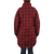 Classic coat with zipper and snap closure storm flap with berber lining and knit cuffs, mid-thigh length in black/red tartan plaid on a woman, back view
