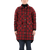 Classic coat with zipper and snap closure storm flap with berber lining and knit cuffs, mid-thigh length in black/red tartan plaid on a woman, front view