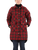 Classic coat with zipper and snap closure storm flap with berber lining and knit cuffs, mid-thigh length in black/red tartan plaid on a woman, hands in pockets