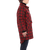 Classic coat with zipper and snap closure storm flap with berber lining and knit cuffs, mid-thigh length in black/red tartan plaid on a woman, side view