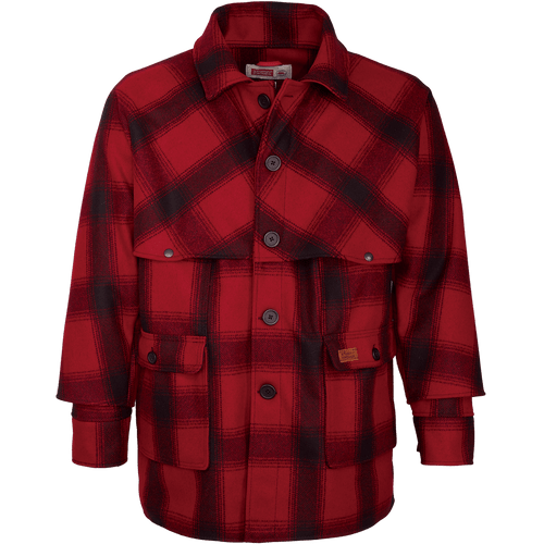 Classic wool button up coat with an extra layer of fabric over the top body and arms in red/black plaid