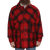 Classic wool button up coat with an extra layer of fabric over the top body and arms in red/black plaid on a man with a beard, front view