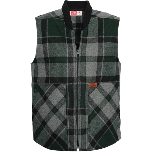  Full-zip wool vest with front pockets in a green and gray plaid